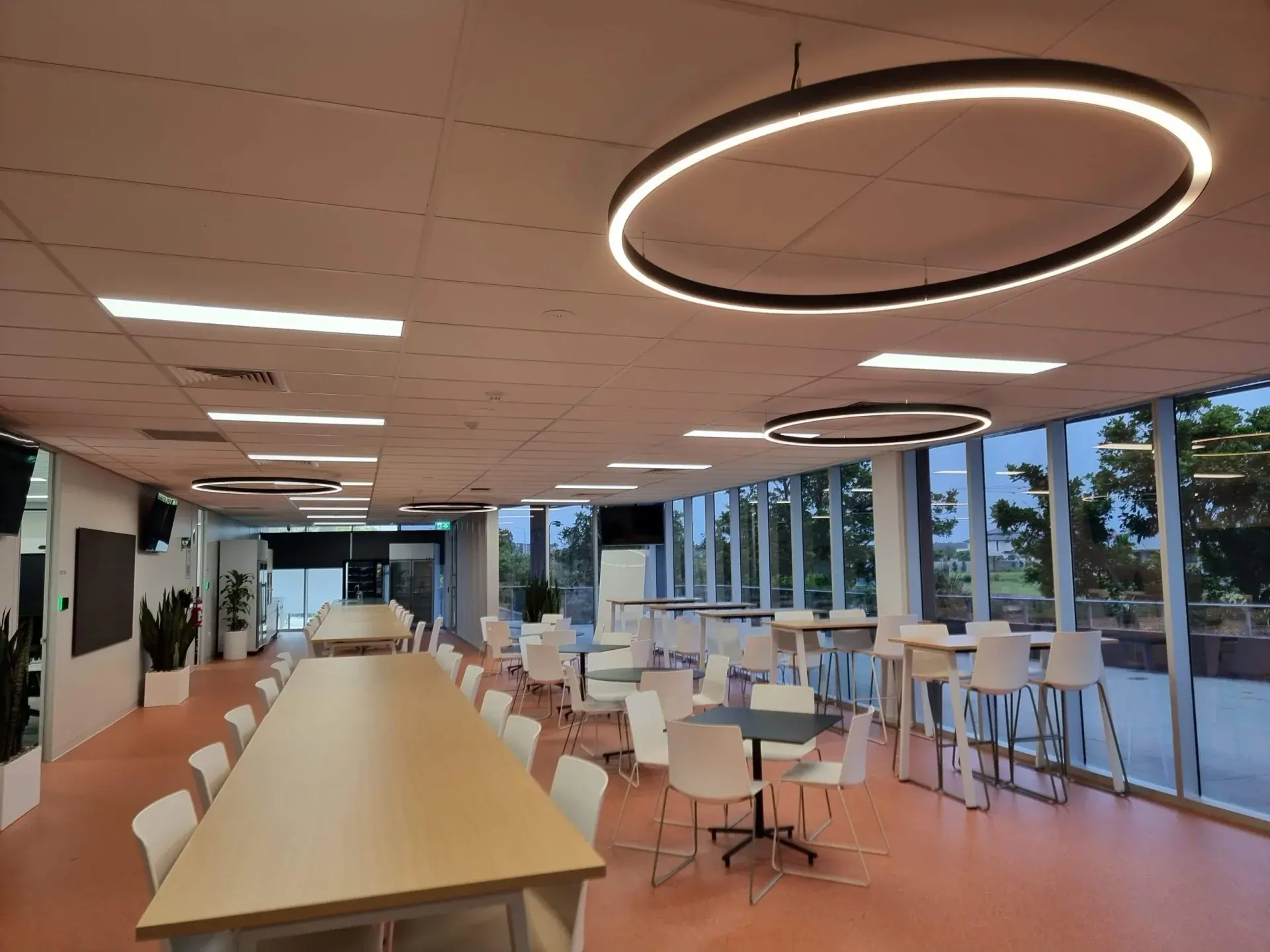 Circular feature lighting installed in a commercial space, from Bannan Electrical’s project portfolio